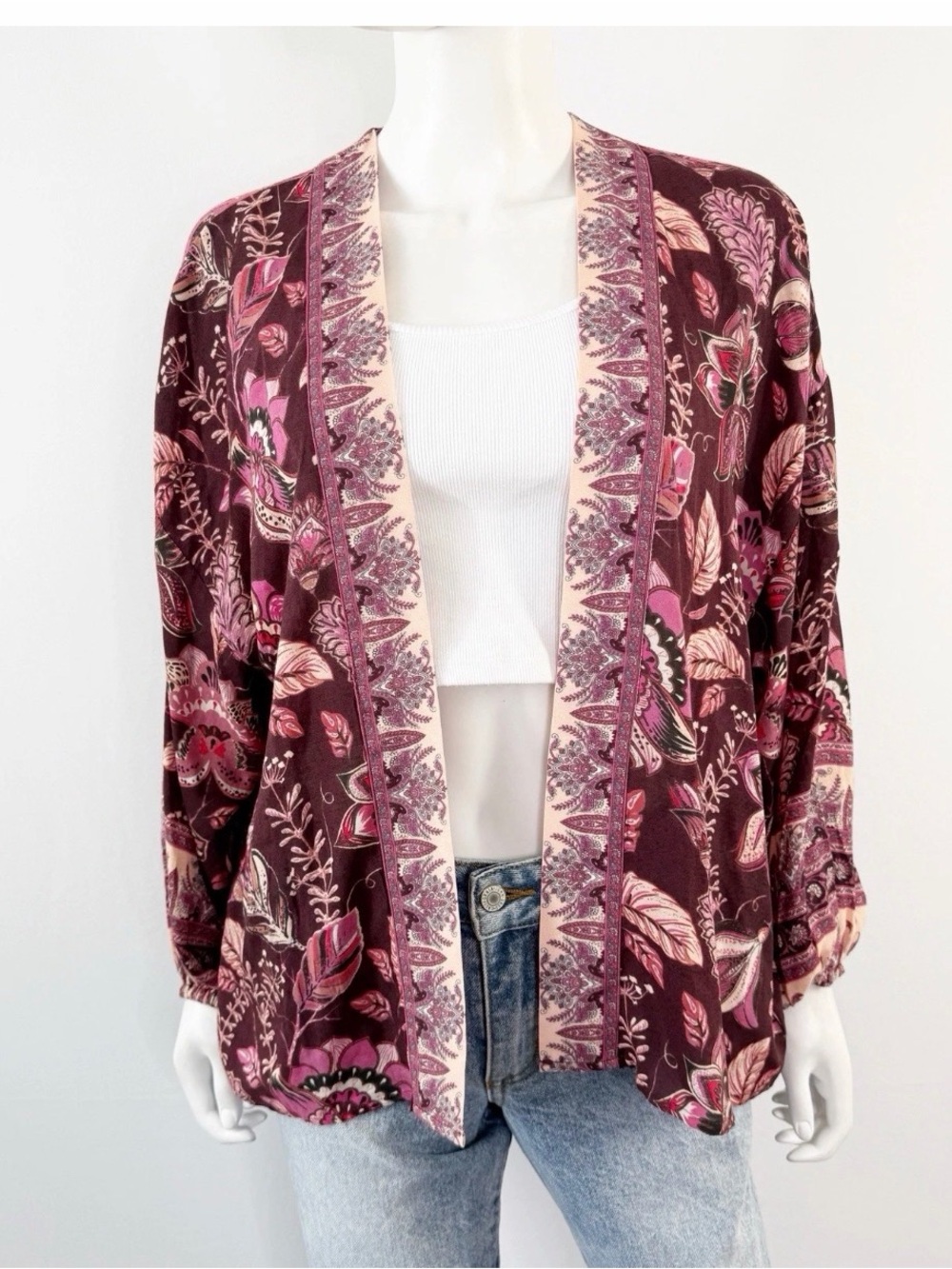 Floral Open-Front Women's Top in Burgundy and Pink from Evereve